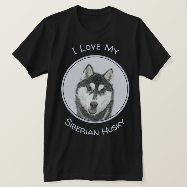 T-shirt Sibérie Husky (noir et blanc) Peinture Chien Art (Design devant)