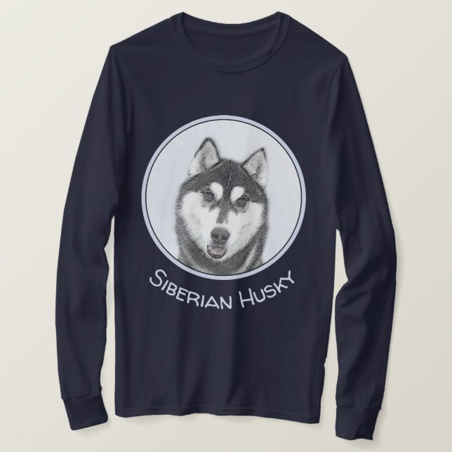 T-shirt Sibérie Husky (noir et blanc) Peinture Chien Art (Design devant)