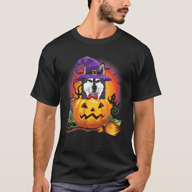 T-shirt Sibérie Husky sorcier Citrouille Halloween Amoureu (Devant)
