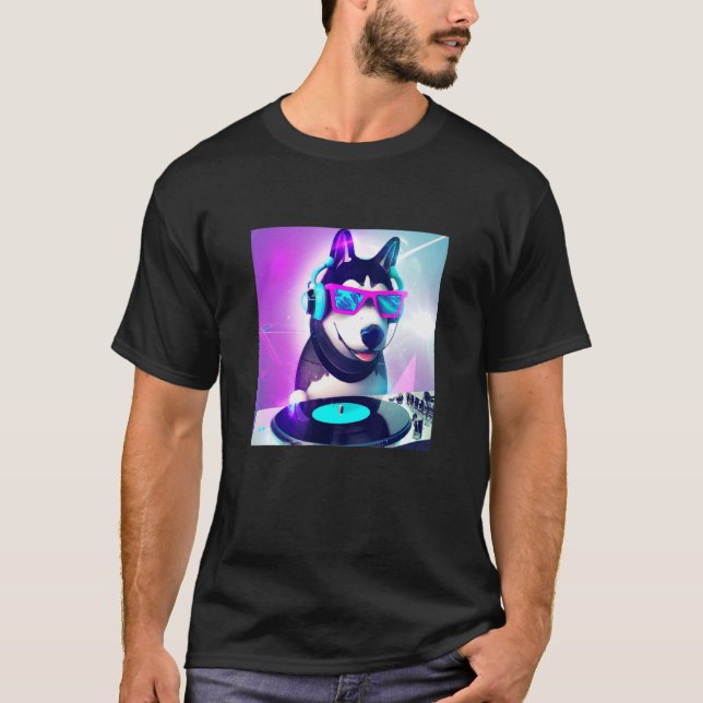 T-shirt Sibérie husky Vaporwave DJ Chien esthétique Garçon (Devant)