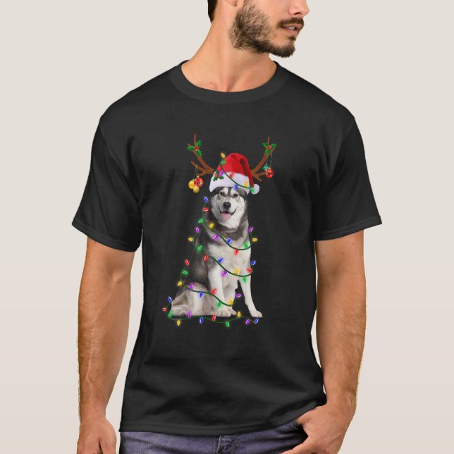 T-shirt Sibérien Husky Père Noël feux de Noël Noël Noël (Devant)