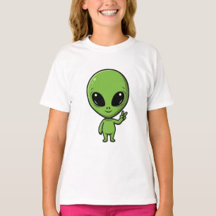 T-shirt Signe de paix d'alien vert Chibi pour enfants