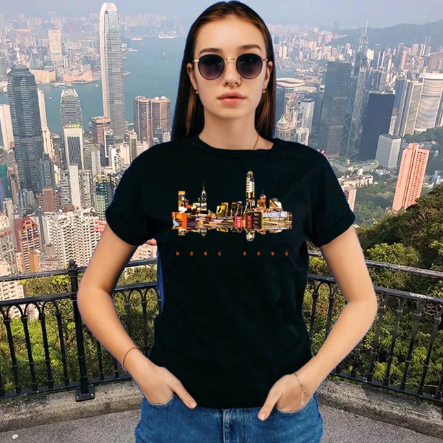 T-shirt Silhouette colorée de Hong Kong (Hong Kong, black t-shirt for women)