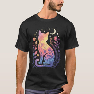 T-shirt Silhouette de chat avec fleurs lune et étoiles Mys