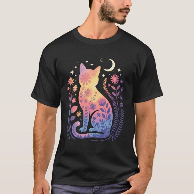 T-shirt Silhouette de chat avec fleurs lune et étoiles Mys (Devant)