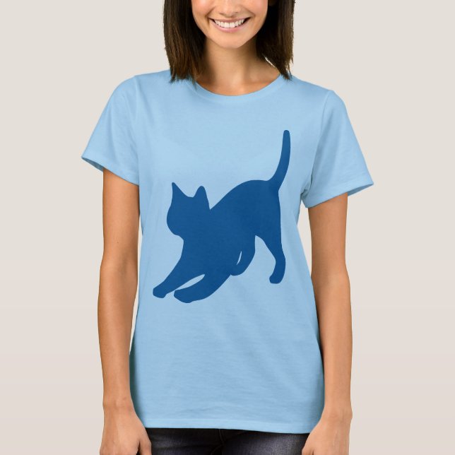 T-shirt Silhouette de chat bleu foncé qui s'étire (Devant)
