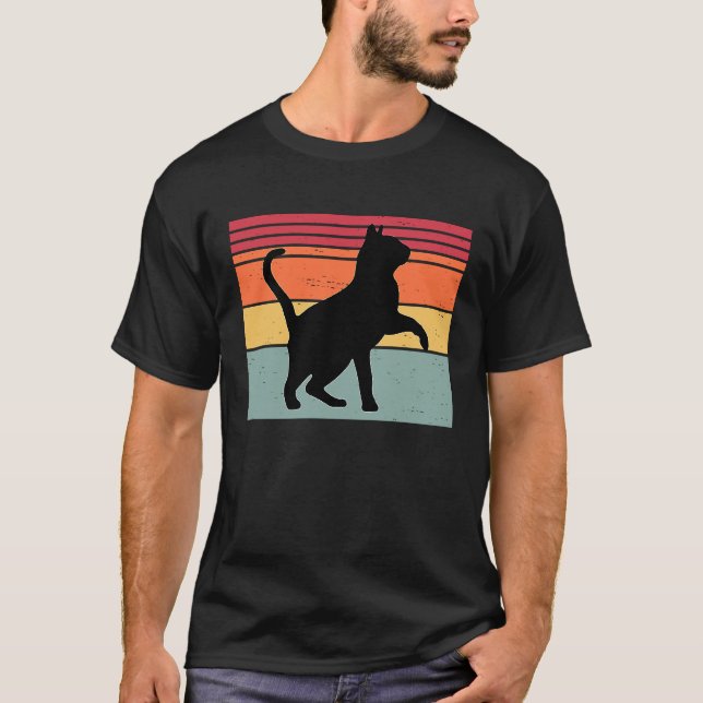 T-shirt Silhouette de chat Coucher de soleil rétro Rayure  (Devant)