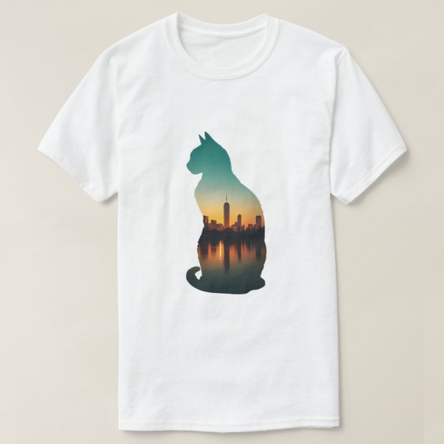 T-shirt Silhouette de chat Coucher de soleil urbain (Design devant)