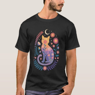 T-shirt Silhouette de chat floral Fleur céleste Nature Boh