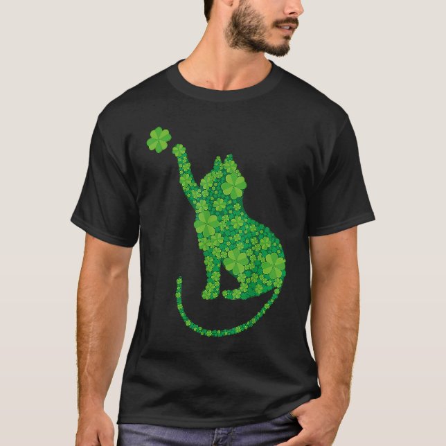 T-shirt Silhouette de chat vert trèfles Saint-Patrick (Devant)