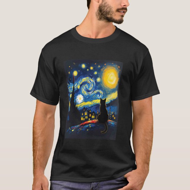 T-shirt Silhouette de chat vibrant style d'art de Van Gogh (Devant)