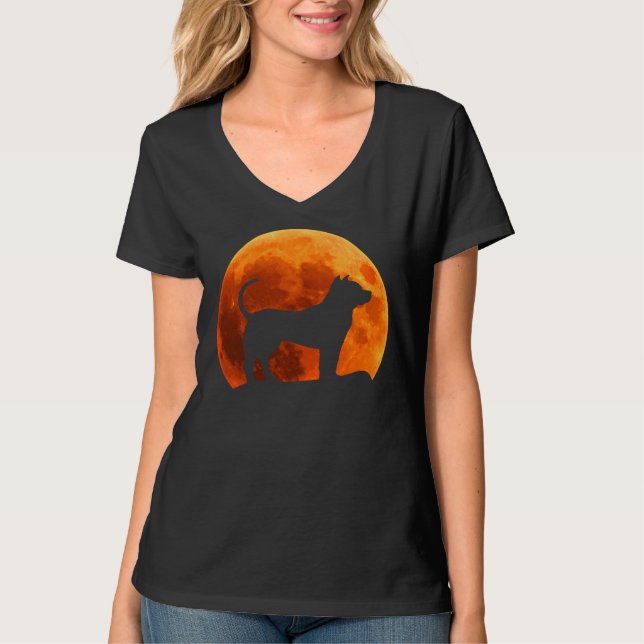 T-shirt Silhouette De Chien Pitbull Dans La Lune (Devant)