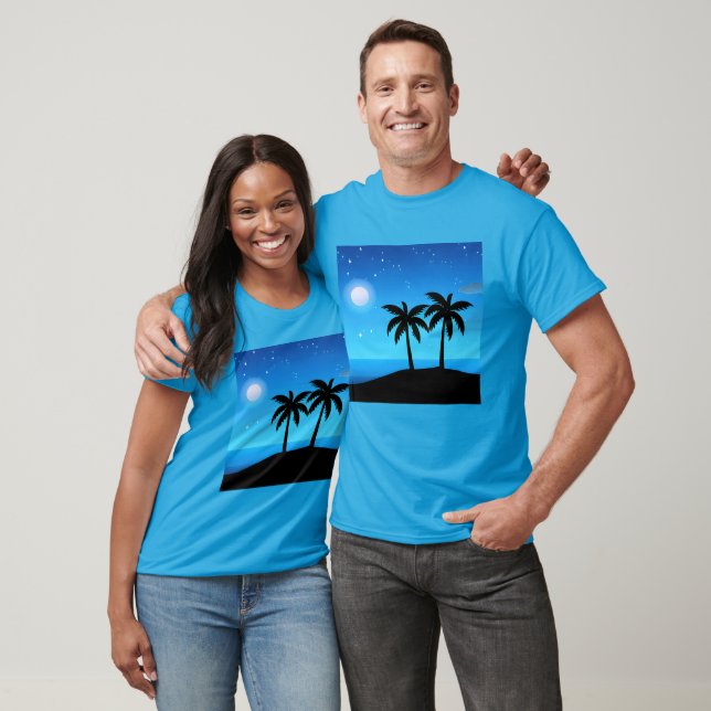 T-shirt Silhouette de l'île tropicale avec lune et étoiles (Unisexe)