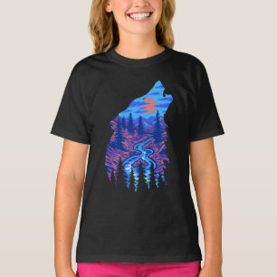 T-shirt Silhouette de loup hurlant paysage de forêt rivièr