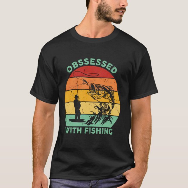 T-shirt Silhouette de pêche rétro obsédé par la pêche (Devant)