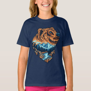 T-shirt Silhouette de tête d'ours grizzly Montagne Rivière