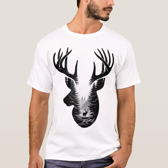 T-Shirt Silhouette Double Exposition Forêt de Cerf (Devant)