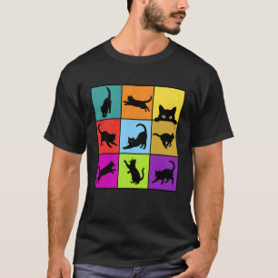 T-shirt Silhouette Pop Art de chats noirs mignons colorés
