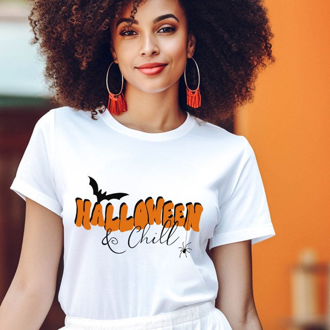 T-shirt Simple Halloween rétro Black Orange Typographie Am (Hand drawn block letter typography and editable script font Halloween with bat and spider )