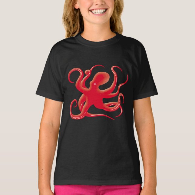 T-shirt Simple rouge vectoriel art octopus Silhouette (Devant)