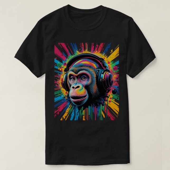 T-shirt Singe avec casque audio éclaboussure de peinture v (Design devant)