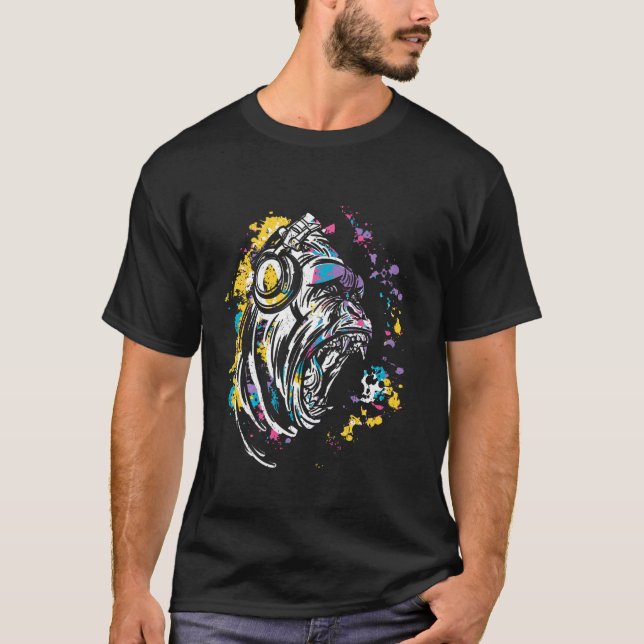 T-shirt Singe Avec Casque Dj Et Lunettes De Soleil (Devant)