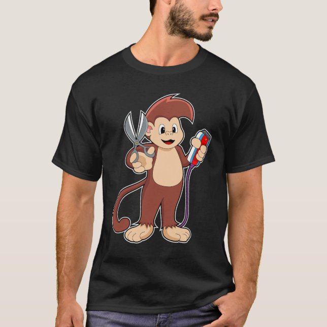 T-shirt Singe comme coiffeur avec ciseaux et razor (Devant)