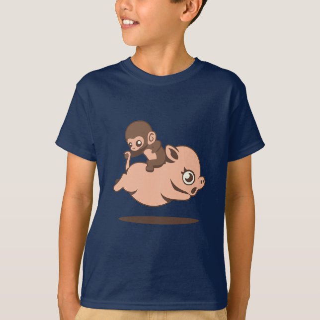T-shirt Singe de bébé (allant à reculons sur un porc) (Devant)