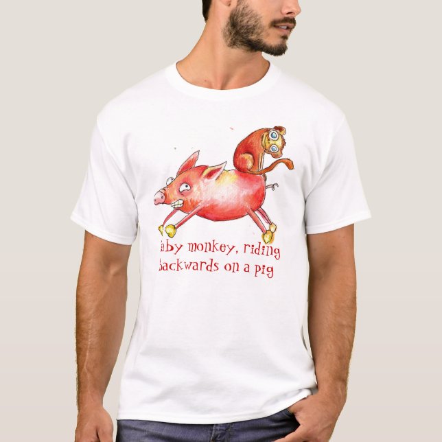 T-shirt Singe de bébé, montant vers l'arrière sur un porc (Devant)