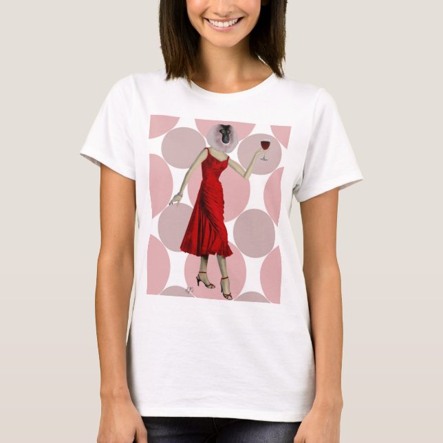 T-shirt Singe en Robe Rouge avec vin (Devant)