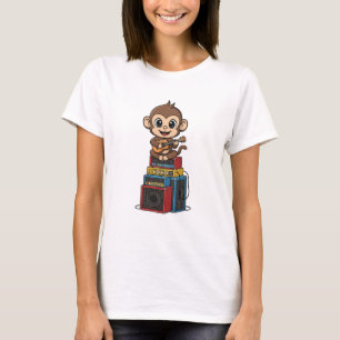 T-shirt Singe musicien de dessin animé mignon jouant du uk