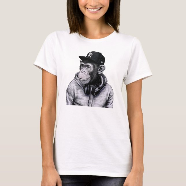 T-shirt Singe Urbain De Mode Avec Casque Décontracté Blanc (Devant)