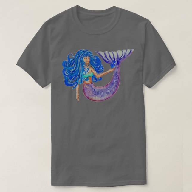 T-shirt Sirène avec Peinture aquarelle de cheveux bleus (Design devant)