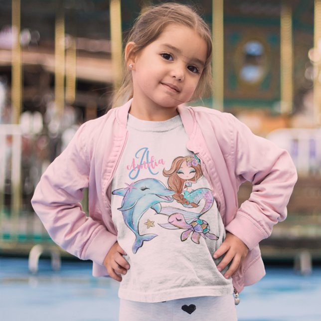 T-Shirt Sirène de cheveux Brown Personnalisé Enfants Nom F (Brown Hair Mermaid Custom Kids Name Pink Girls T-Shirt
)