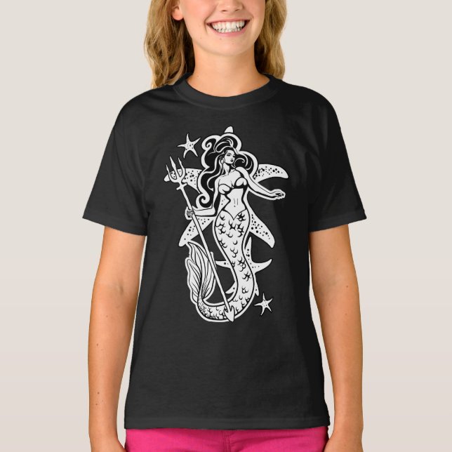 T-shirt Sirène Retro-Up Noir Et Blanc (Devant)