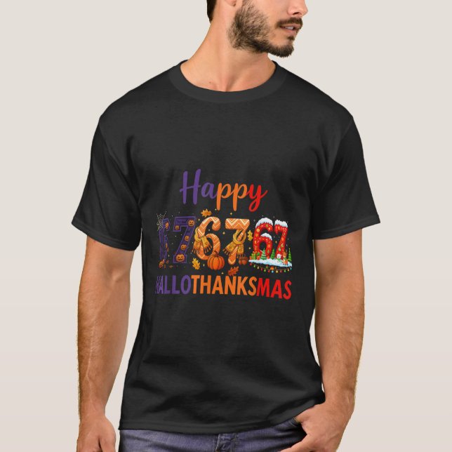 T-shirt Six Seven Meme 67 Hallothanksmas Halloween Noël (Devant)
