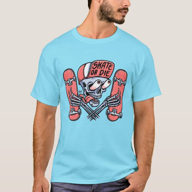 T-shirt Skate Or Die Funny Skull Skateboarding Design (Devant)