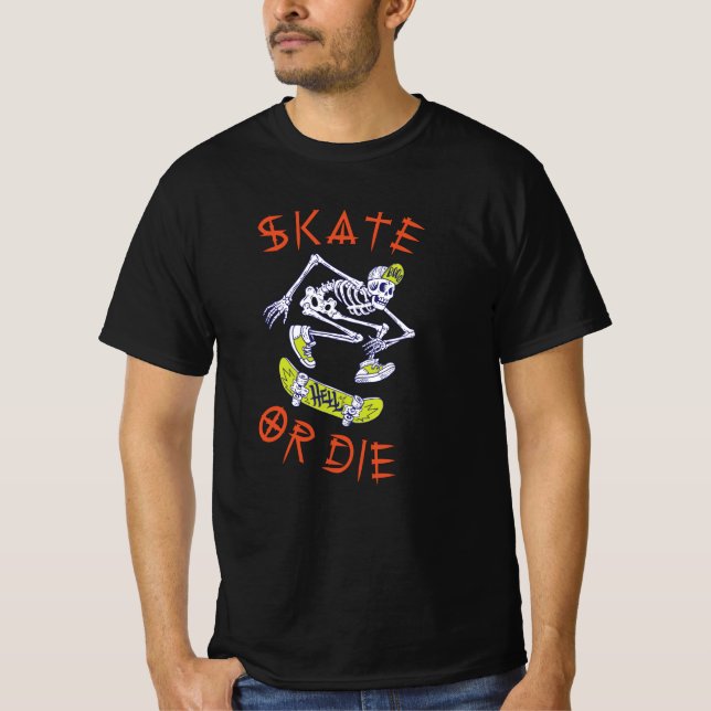 T-shirt Skate ou die Skeleton Skateboarder (Devant)