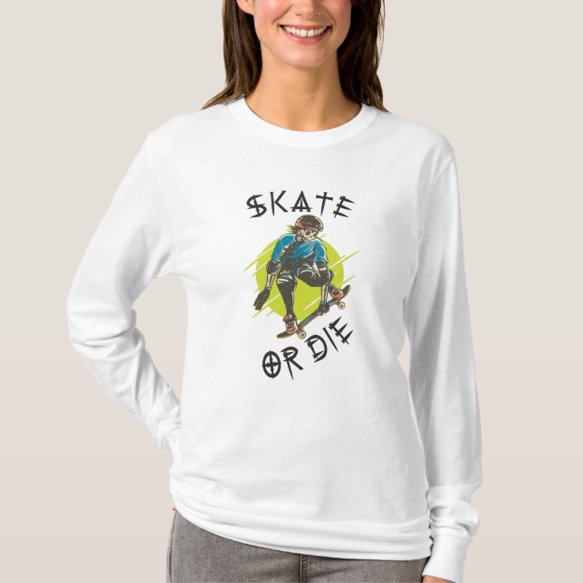 T-shirt Skate ou die Skeleton Skateboarder (Devant)