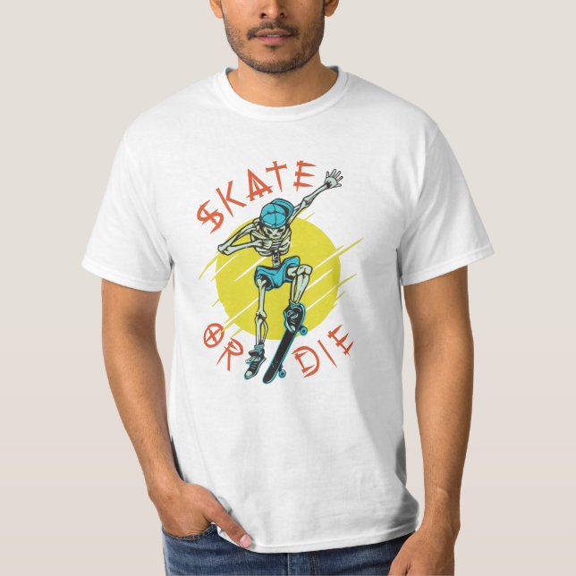 T-shirt Skate ou die Skeleton Skateboarder (Devant)