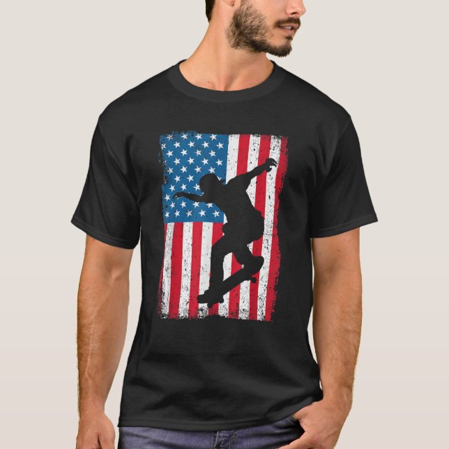T-shirt Skateboard American Flag Vintage Skateboarder USA  (Devant)