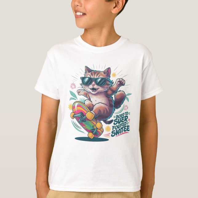T-shirt Skateboard Chat Né au Surf, Patinage forcé (Devant)