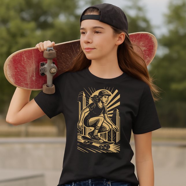 T-shirt Skateboarder Girl In Retro Art Deco Gold Style (Créateur téléchargé)