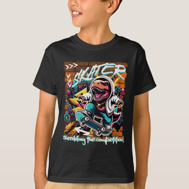 T-shirt Skater Shredding The Competition! Kids Funny T-rex (Devant)