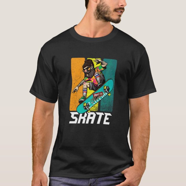 T-shirt Skateur Rétro Barbu Hipster Longboard Skate (Devant)