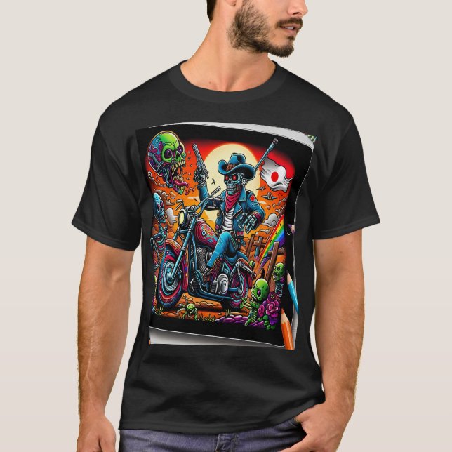 T-shirt Skeletal Knight on Bike in Zombie Apocalypse (Devant)