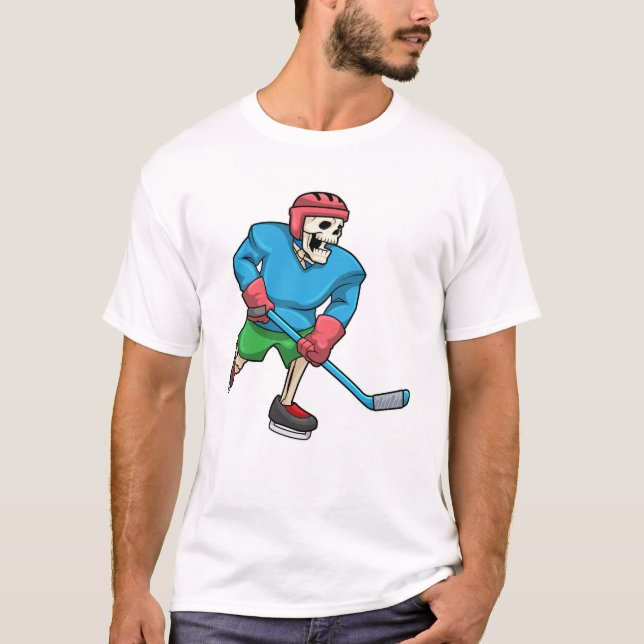 T-shirt Skeleton au hockey sur glace avec bâton de hockey  (Devant)