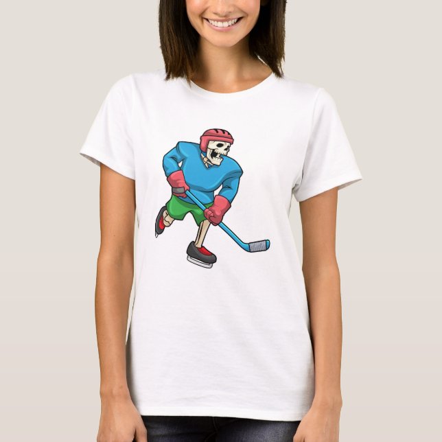 T-shirt Skeleton au hockey sur glace avec bâton de hockey  (Devant)
