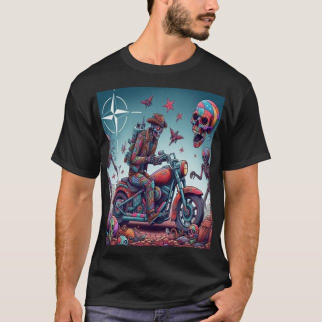 T-shirt Skeleton Biker in Surreal Psychedelic World (Devant)
