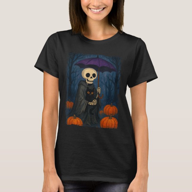 T-shirt Skeleton Black Cat Purple Umbrella Pumpkin Hallowe (Devant)